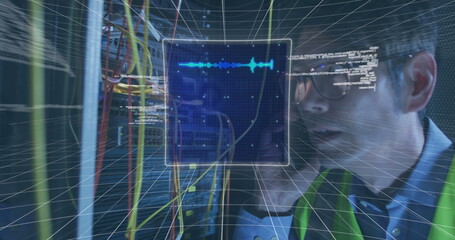 Image of data over asian male it engineer with phone checking computer server