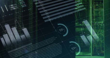 Image of data processing and statistics recording over green lights of computer servers