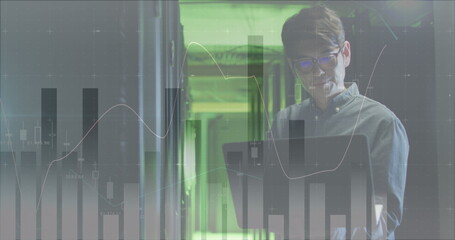 Image of data over asian male it engineer with laptop by computer server