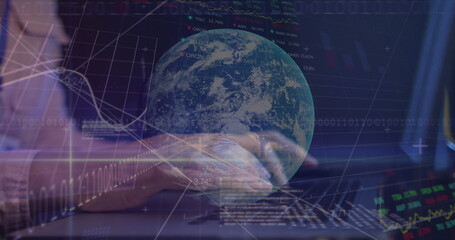 Image of data over caucasian female if technician using computer