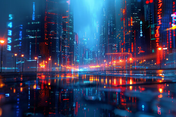 Fototapeta na wymiar Futuristic cityscape with neon lights and digital elements
