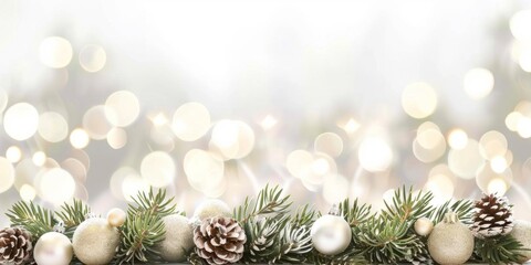 Fototapeta premium Festive holiday border with pine branches, cones, and Christmas ornaments, set against a backdrop of golden bokeh lights.