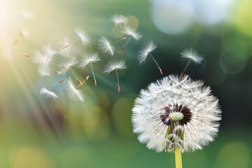 Dandelion dispersing seeds in the breeze with a bokeh background.