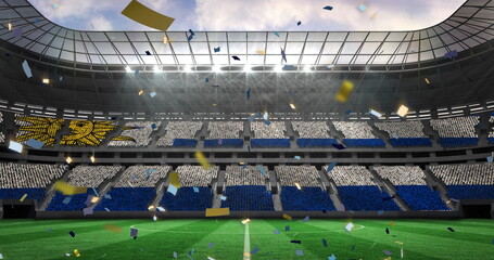 Naklejka premium Image of falling gold confetti over football stadium
