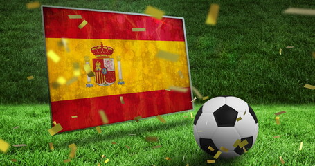 Image of falling gold confetti and football ball over flag of spain