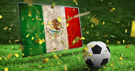 Image of falling gold confetti and football ball over flag of mexico