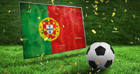 Image of falling gold confetti and football ball over flag of portugal