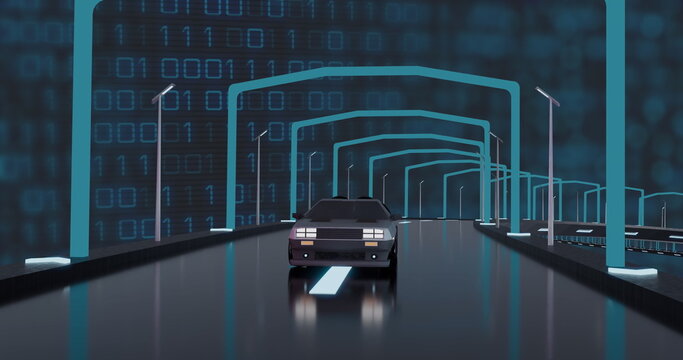 Fototapeta Image of digital interface with binary coding over car driving