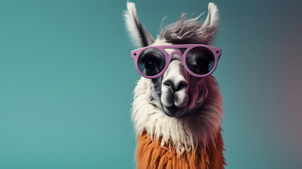 Obraz premium Artistic animal concept. with a place for text. llama wearing sunglass shade glasses