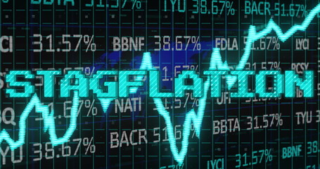 Image of stagflation text in blue over graph and financial data processing