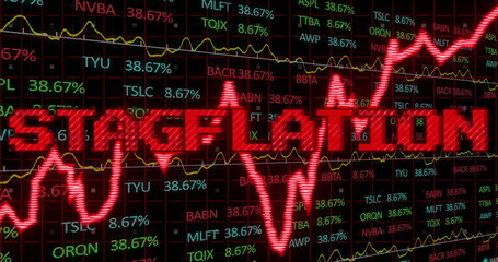 Image of stagflation text in red over graph and financial data processing
