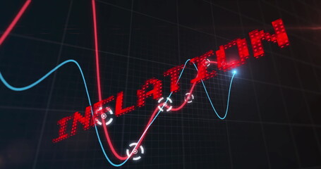 Image of inflation text in red over graph processing data on black background