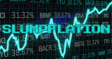 Image of slumpflation text in blue over graph and financial data processing