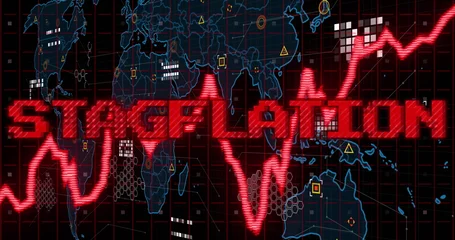 Deurstickers Image of stagflation text in red over graph and world map processing data © vectorfusionart