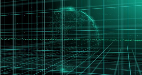 Image of 3d grid over glowing globe and graph processing data on black background