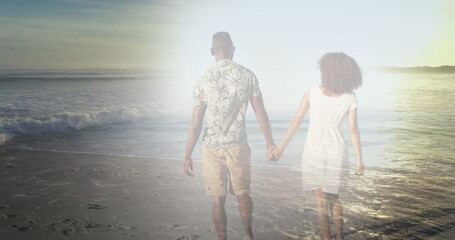 Image of african american couple holding hands at beach over sea