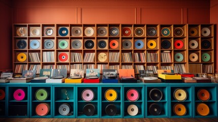 many vinyl records in many different colours photo in style - obrazy, fototapety, plakaty