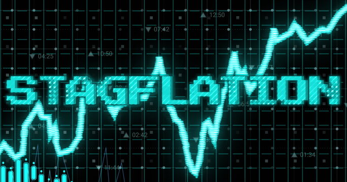Image of stagflation text in blue over graph and charts processing data