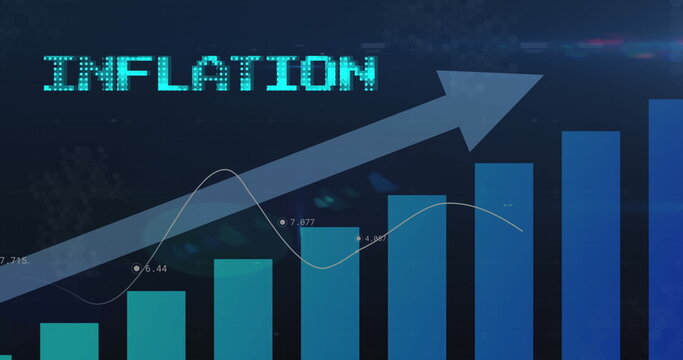 Image of inflation text in blue with arrow and graph over charts processing data