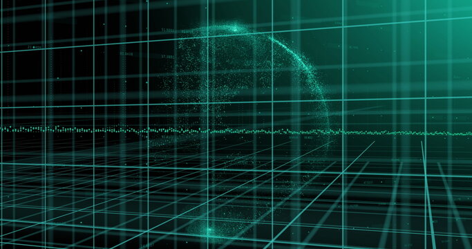 Image of 3d grid over glowing globe and graph processing data on black background - Powered by Adobe