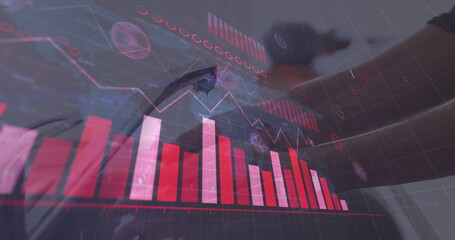 Image of digital interface with graphs and statistics over woman washing her hands