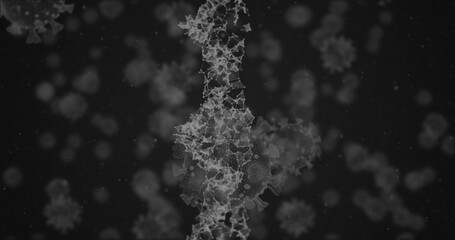 Image of 3D coronavirus Covid 19 cells spreading with rotating DNA strands and medical symbol