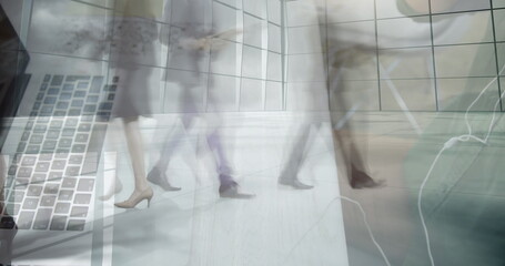 Image of businesswoman using laptop with green screen over sped up commuters walking in city