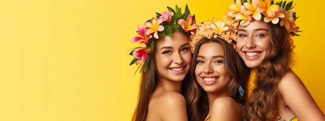 Obraz premium Portrait of a beautiful stylish women with hawaiian costume on yellow background with copyspace. Summer fashionable trend style, Cheerful and happy young models having fun