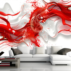 creative wallpaper in red colors with white background wall of living room