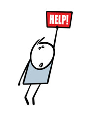 Cartoon boy pulls his hand up, holding sign with call for help. Doodle vector illustration of the stickman attracts attention. Isolated hand drawn character with banner on white background. - 756974176