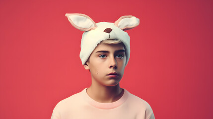 Artistic animal concept. with a place for text. young boy wearing Christmas santa claus hat