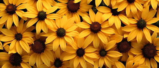 Coneflowers (Rudbeckia): Yellow garden flower top view - obrazy, fototapety, plakaty