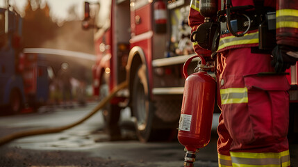 A Fireman Holding a Fire Extinguisher Beside His Fire Truck, Emergency Response Concept for Safety and Rescue Operations, Generative AI

 - obrazy, fototapety, plakaty