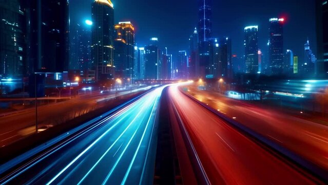 A timelapse shot of headlights travelling on a busy highway at night with buildings and skysers visible in the background highlighting the fastpaced and everchanging nature