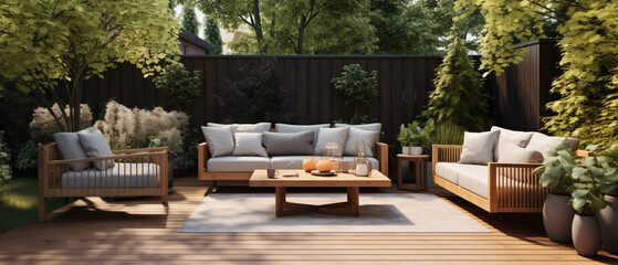 Contemporary outdoor lounge area in backyard. - obrazy, fototapety, plakaty