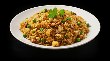 Cooked pilaf on a white dish on a white background.