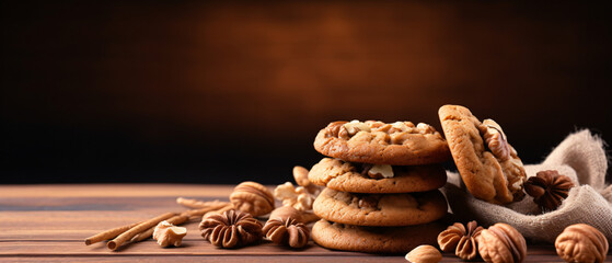 Cookies with walnuts on a wooden table. Healthy food concept.