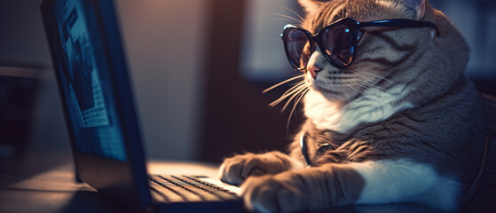 Cool cat using computer for stock trading and wearing.