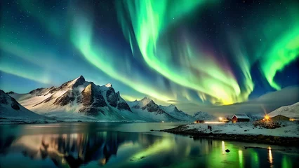 Photo sur Plexiglas Europe du nord Aurora borealis. northern lights over mountains