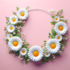 Daisy flower frame, isolated on  a Pink background, Spring Frame