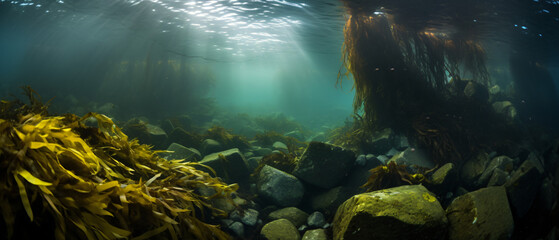 Covered with fine mud, there is a brown kelp  - obrazy, fototapety, plakaty