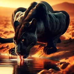  a stunningly beautiful image of a black panther drinking water from a pond in desert © Syeda