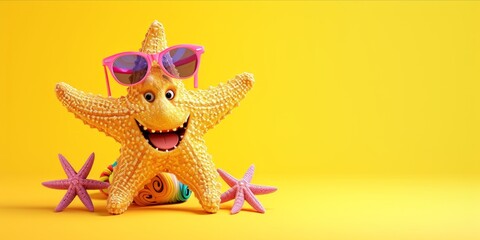 Fototapeta na wymiar Stylish starfish hawaiian style with copyspace on yellow background. Summer festive time, Happy vacation