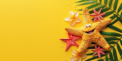 Fototapeta na wymiar Stylish starfish hawaiian style with copyspace on yellow background. Summer festive time, Happy vacation