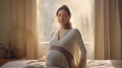 Beautiful young pregnant woman in comfort home-wear touch big belly in late pregnancy sit on bed in light bedroom at home. Happy expectant mother portrait, maternity concept