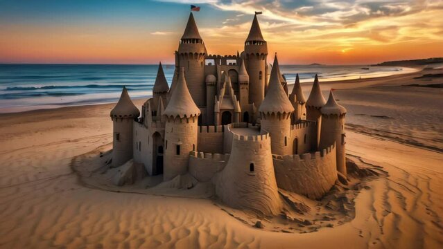 Sunset casting a glow on a sandy fortress. Generative AI Video. ProRes LT 59.94 FPS available in 4K 16:9.