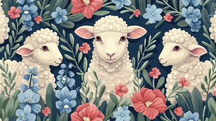 sheep and blooming hyacinths, a peaceful and sweet Easter pattern doodle for the season - obrazy, fototapety, plakaty