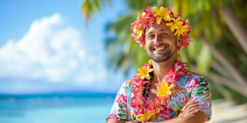Fototapeta premium Portrait of a stylish man with hawaiian costume. Summer fashionable trend style, Cheerful and happy young male having fun on tropical sea and beach background