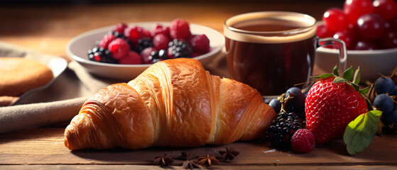 Croissant for breakfast with fresh berries, honey, fruit.
