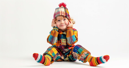 Fototapeta na wymiar A young child dressed in a mismatched outfit, wearing socks on their hands and mittens on their feet, proudly modeling their unique fashion choices on white background professional photography